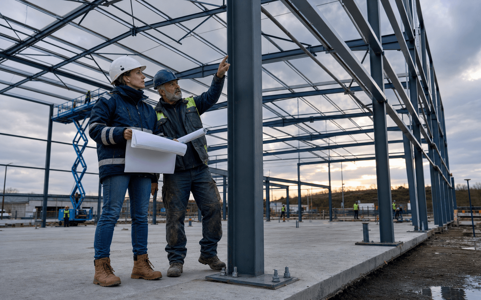 Una ingeniera y un jefe de obra revisan una estructura metálica durante el montaje.