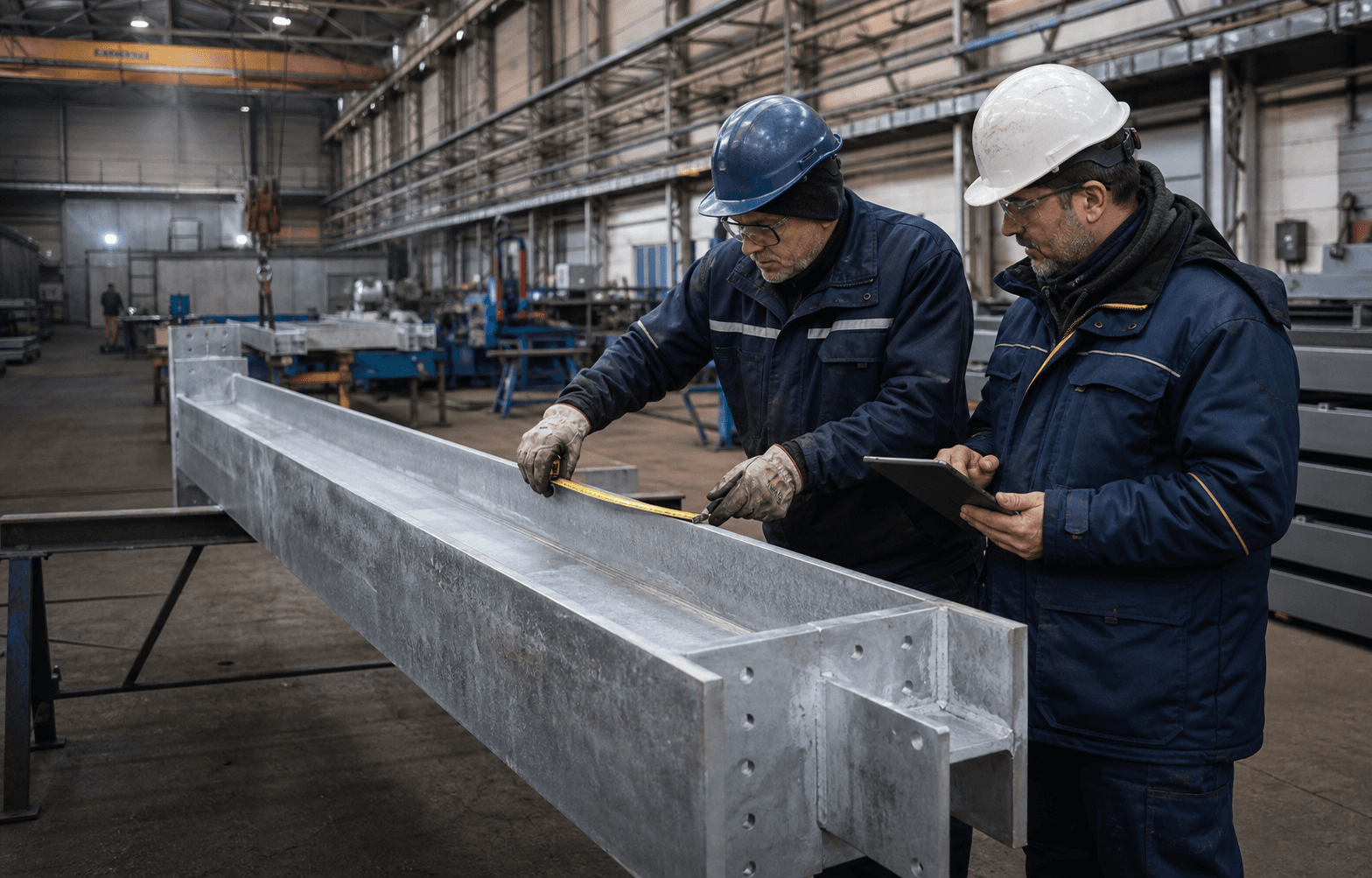 Dos profesionales comprueban una viga de acero en un taller de fabricación.